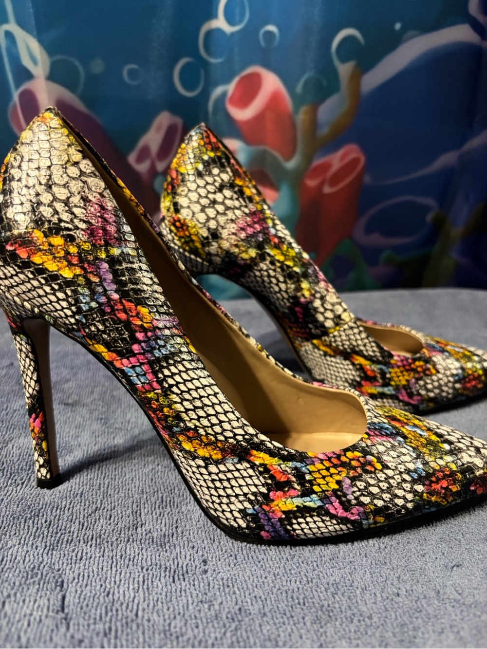 Multicolor Snake-Print Pointed Toe High Heels